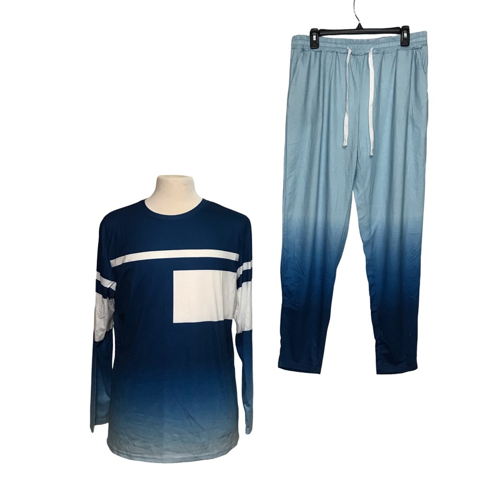 Pajamas Set Of Two Mens Size XL Color Sea Blue Long Sleeve T-Shirt Pull-On Pants